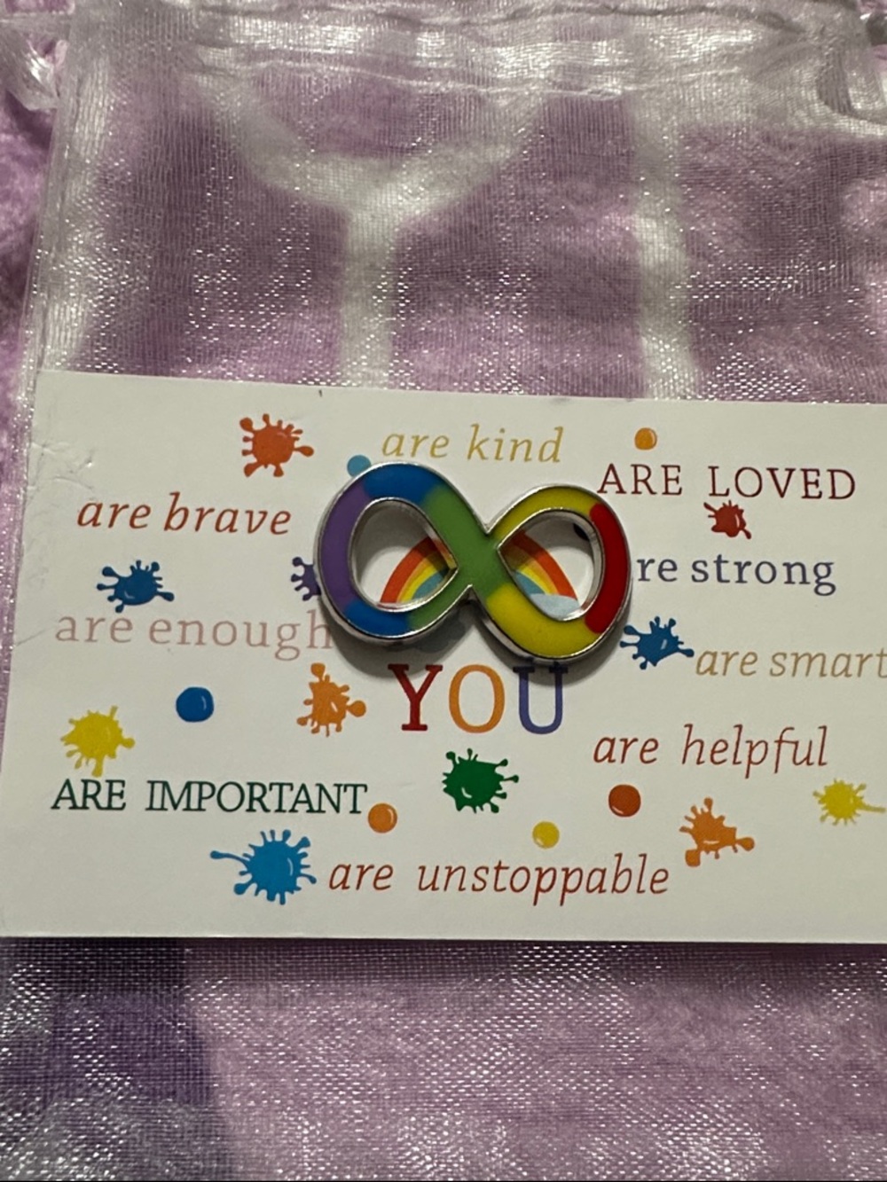 Rainbow Infinity Enamel Pin with Positive Affirmation Card in a sheer bag - Picture 6 of 6